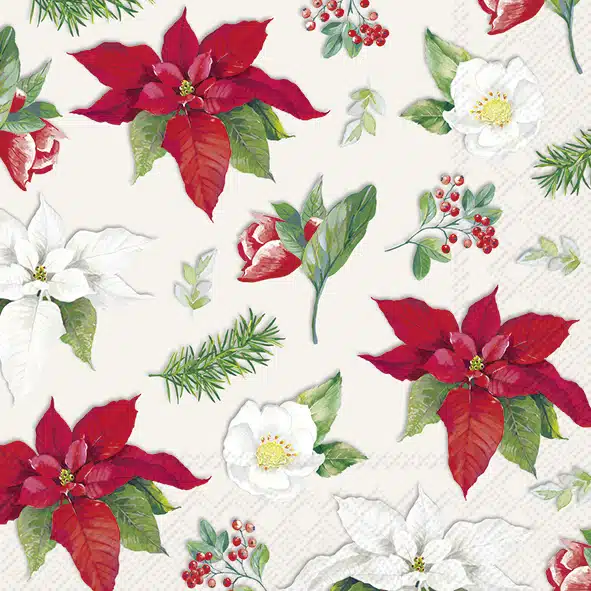 Servetten L CHRISTMAS FLORALS ALLOVER wht.
