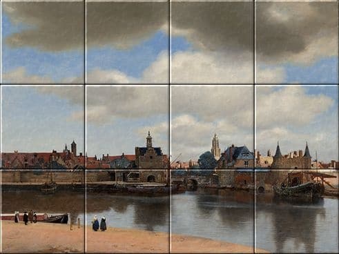 Tegeltableau Gezicht op Delft 33 x 44 cm (12 tegels gemonteerd op MDF)